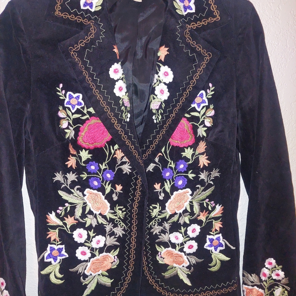 Vintage Y2K Pepper Black Floral Embroidered Collared Velvet Jacket Size S - Picture 3 of 7